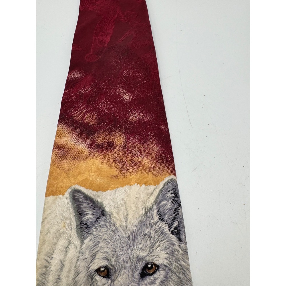 Endangered Species Arctic Wolf Silk Tie Bonnie Marris Vintage 1996 Burgundy Gray - Picture 6 of 7